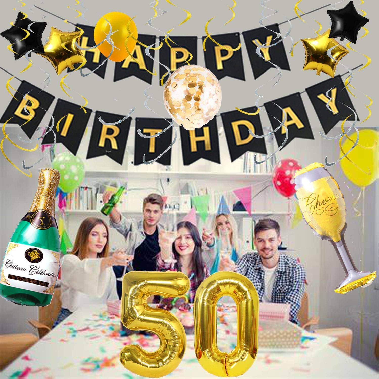 50th Birthday Decorations Bann - Party Banner Gold 评论和价格